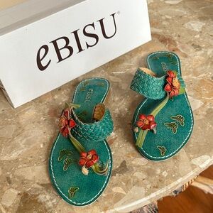 Ebisu Teal Floral Leather Women's Slip-On Sandals